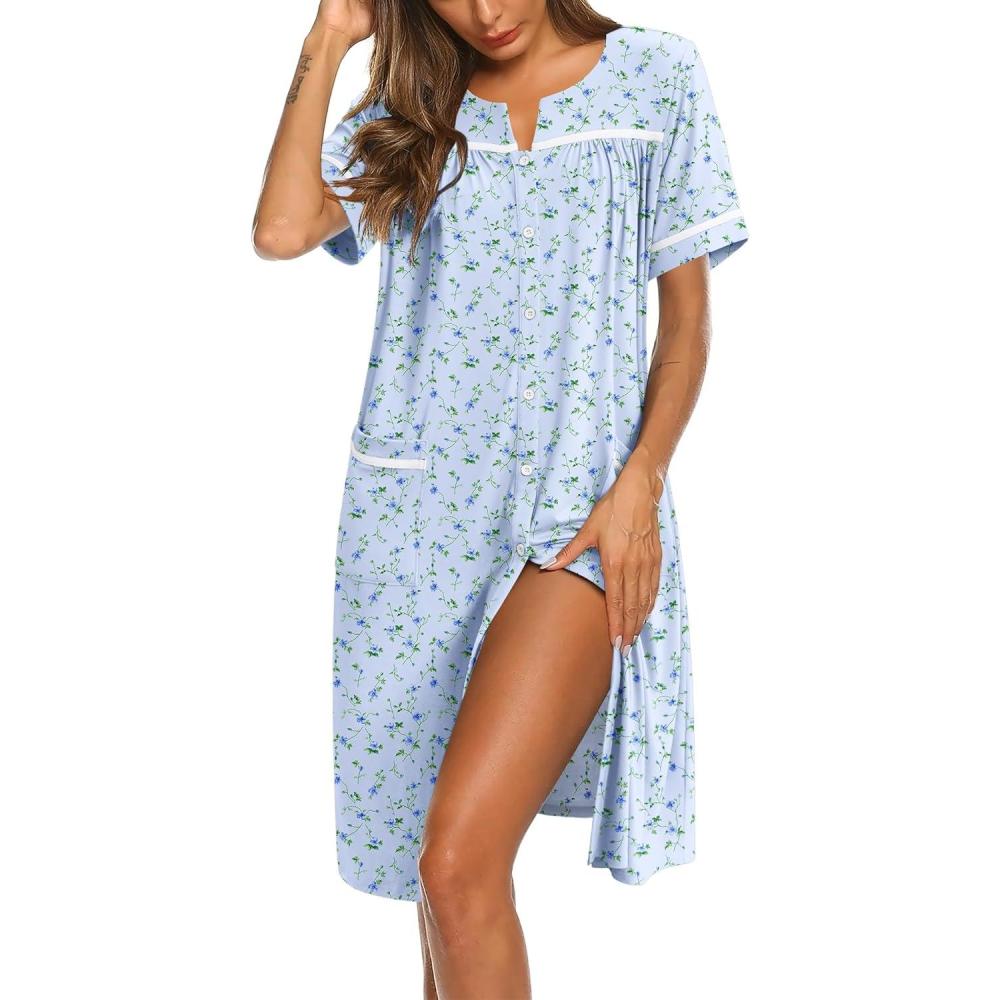 imageEkouaer Nightgowns for Women House Dress with Pockets Button Down Sleepshirt Short Sleeve Nightshirt HousecoatBlue Floral