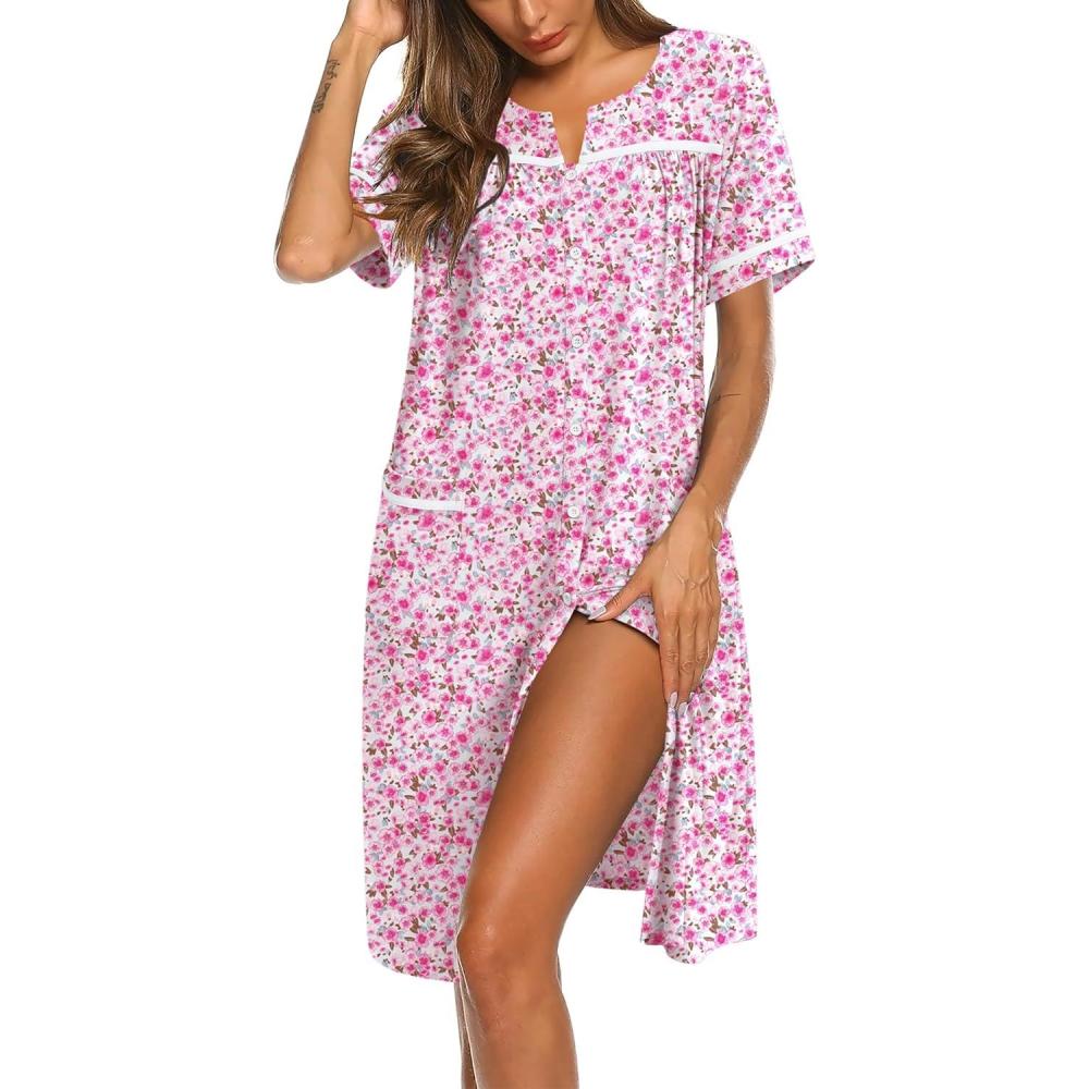 imageEkouaer Nightgowns for Women House Dress with Pockets Button Down Sleepshirt Short Sleeve Nightshirt HousecoatPink Floral