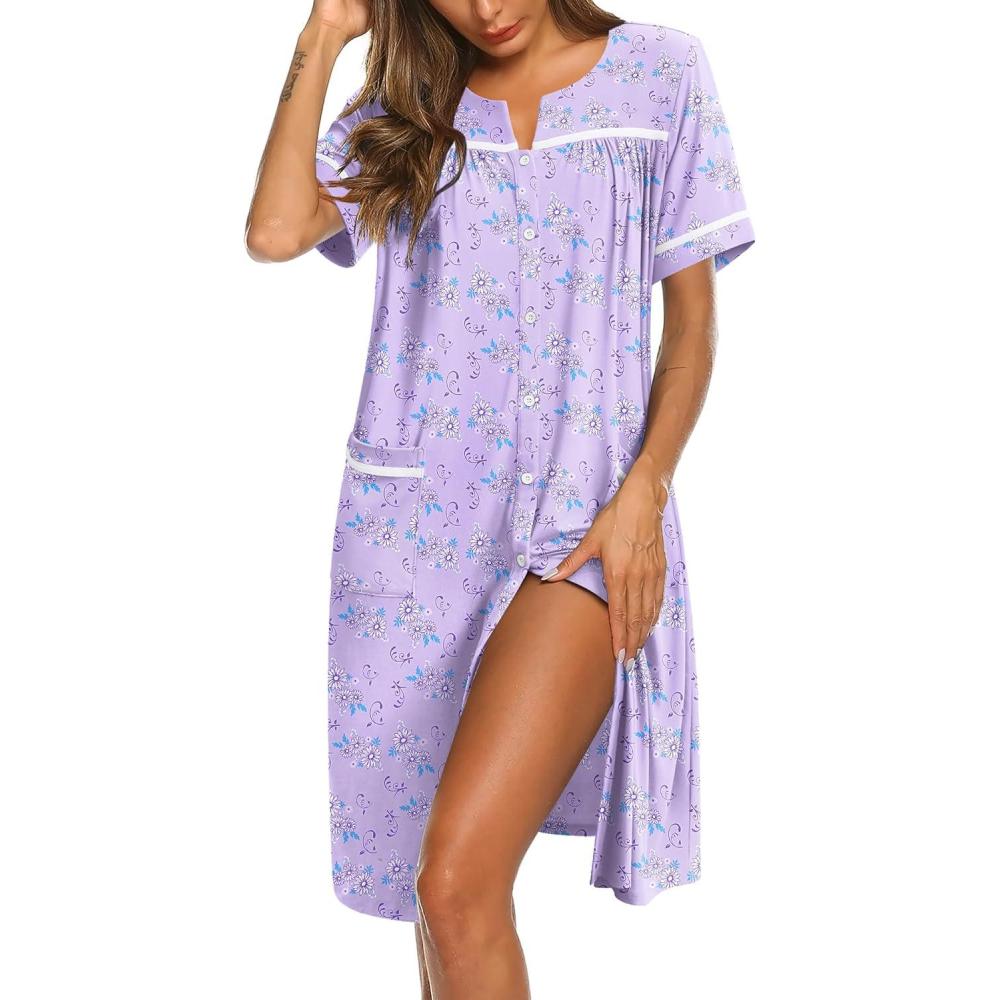 imageEkouaer Nightgowns for Women House Dress with Pockets Button Down Sleepshirt Short Sleeve Nightshirt HousecoatPurple Floral
