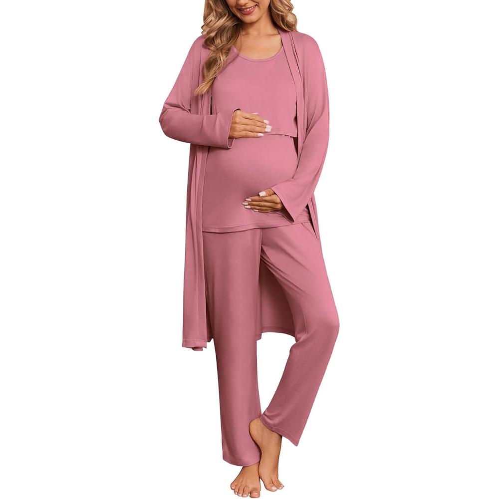 imageEkouaer Nursing Pajamas Maternity Robe Set 3 Pieces Postpartum Maternity Pajama Set Pregnancy Breastfeeding PjGrey Purple