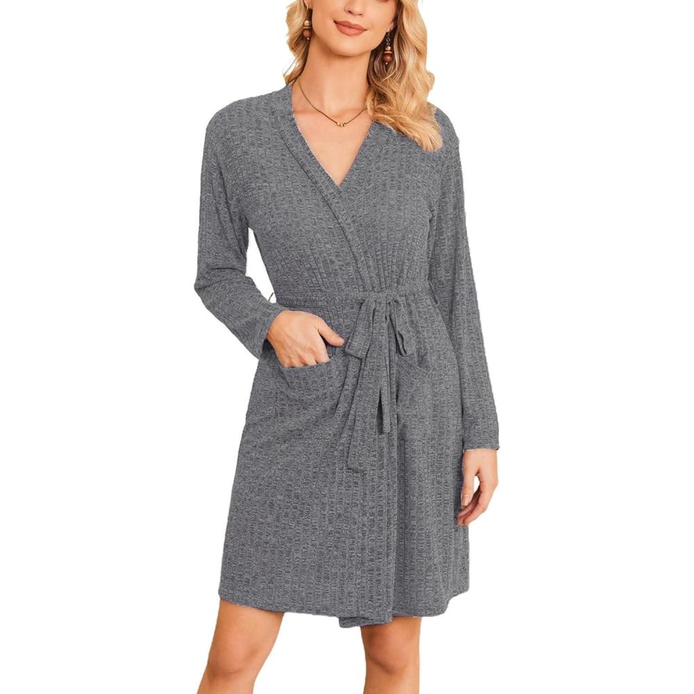 imageEkouaer Women Robe Ribbed Knit Soft Bathrobe Knee Length Robes Stretchy Short Sleepwear with Pockets