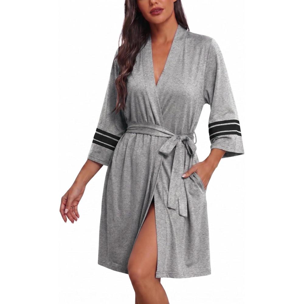 imageEkouaer Womens Robe Lightweight 34 Sleeve Bathrobe Soft Short Knit Sleepwear with PocketsLight Gray