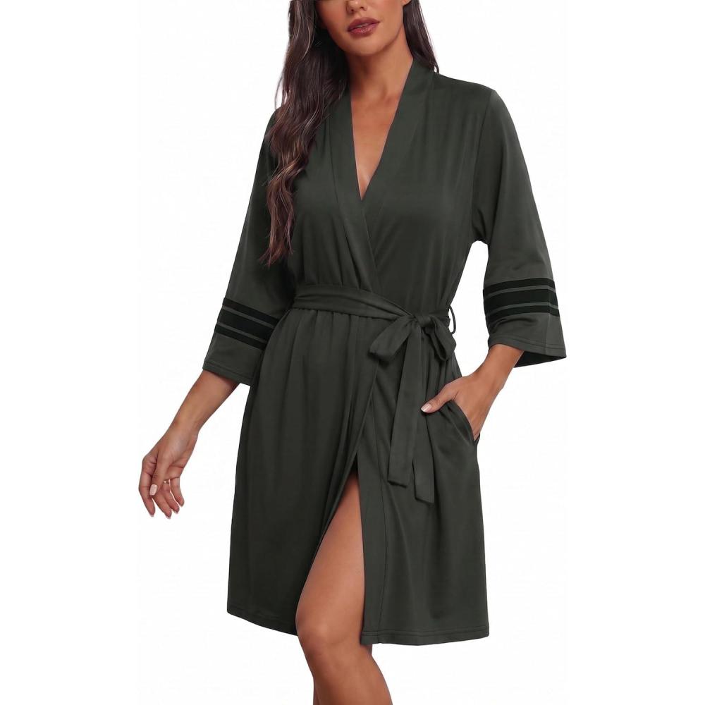 imageEkouaer Womens Robe Lightweight 34 Sleeve Bathrobe Soft Short Knit Sleepwear with PocketsMilitary Green
