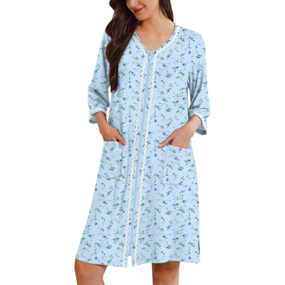 imageEkouaer Zipper Robes for Women 34 Sleeves Lightweight House Coat Zip Up Bathrobe Soft Nightgown with Pockets S3XLBlue Floral