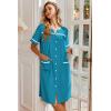 Ekouaer Nightgowns for Women House Dress with Pockets Button Down Sleepshirt Short Sleeve Nightshirt Housecoat(Blue Green)