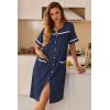 Ekouaer Nightgowns for Women House Dress with Pockets Button Down Sleepshirt Short Sleeve Nightshirt Housecoat(Navy)