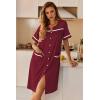 Ekouaer Nightgowns for Women House Dress with Pockets Button Down Sleepshirt Short Sleeve Nightshirt Housecoat(Wine Red)