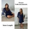 Ekouaer Women Waffle Robes 3/4 Sleeve Ruffle Knit Bathrobe Soft Lightweight Knee Length Robe Loungewear(Navy Blue)