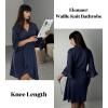 Ekouaer Women Waffle Robes 3/4 Sleeve Ruffle Knit Bathrobe Soft Lightweight Knee Length Robe Loungewear(Navy Blue)