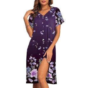 Ekouaer House Dresses for Women with Pockets Button Down Nightgowns Plus Size Moo Moos Mumu Dresses Floral Print S-3XL(Flower Purple)