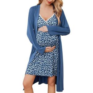Ekouaer Maternity Nursing Gown and Robe Set Lace Nursing Nightgown for Breastfeeding Labor Delivery gowns for Hospital(Dark Blue Flower)