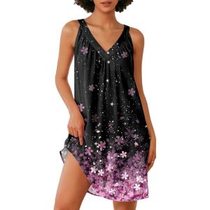 Ekouaer Nightgown for Women Sleeveless Sleepwear Lightweight Racerback Sleep Shirt Pleated V Neck Night Dress Short Chemise(Black Pink Sakura)
