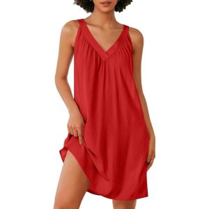 Ekouaer Nightgown for Women Sleeveless Sleepwear Lightweight Racerback Sleep Shirt Pleated V Neck Night Dress Short Chemise(Dark Red)