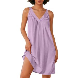Ekouaer Nightgown for Women Sleeveless Sleepwear Lightweight Racerback Sleep Shirt Pleated V Neck Night Dress Short Chemise(Purple)