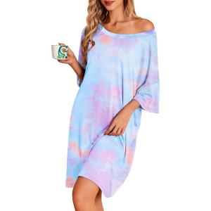 Ekouaer Nightgowns for Women Bamboo Viscose Night Gowns Plus Size Sleep Shirts Short Sleeve Night Shirts Soft Sleepwear(Blue & Purple Tie Dye)