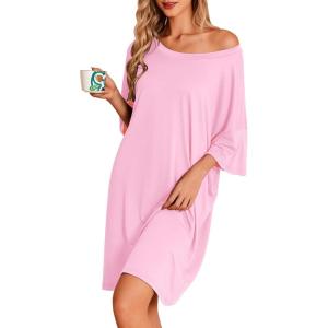 Ekouaer Nightgowns for Women Bamboo Viscose Night Gowns Plus Size Sleep Shirts Short Sleeve Night Shirts Soft Sleepwear(Pink)