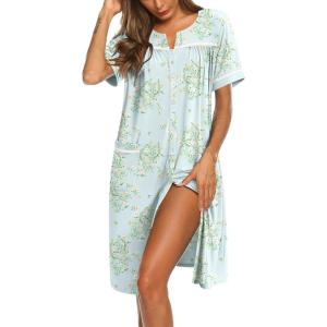 Ekouaer Nightgowns for Women House Dress with Pockets Button Down Sleepshirt Short Sleeve Nightshirt Housecoat(Green Daisy)