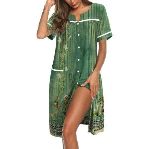 Ekouaer Nightgowns for Women House Dress with Pockets Button Down Sleepshirt Short Sleeve Nightshirt Housecoat(Green Flower)