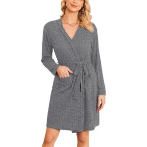 Ekouaer Women Robe Ribbed Knit Soft Bathrobe Knee Length Robes Stretchy Short Sleepwear with Pockets