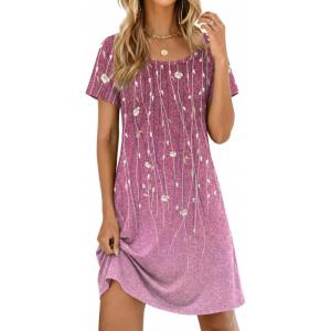 Ekouaer Womens Nightgown Short Sleeve Night Dress Printed Sleepwear Soft Sleep Shirt S-3XL(Purple Vine)