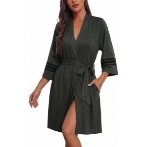 Ekouaer Womens Robe Lightweight 3/4 Sleeve Bathrobe Soft Short Knit Sleepwear with Pockets(Military Green)