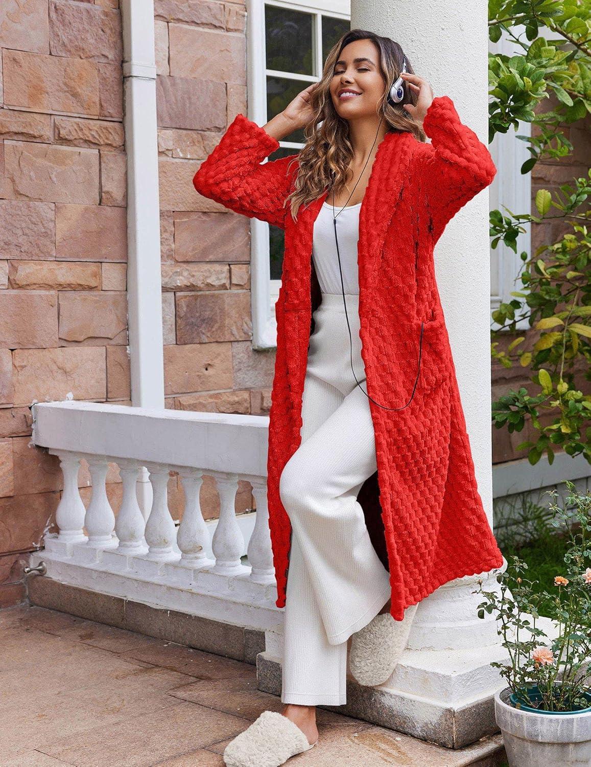 imageEkouaer Womens Robe Long Soft Lapel Plush Robes Warm Fuzzy Bathrobes Midlength Comfy Sleepwear Red M