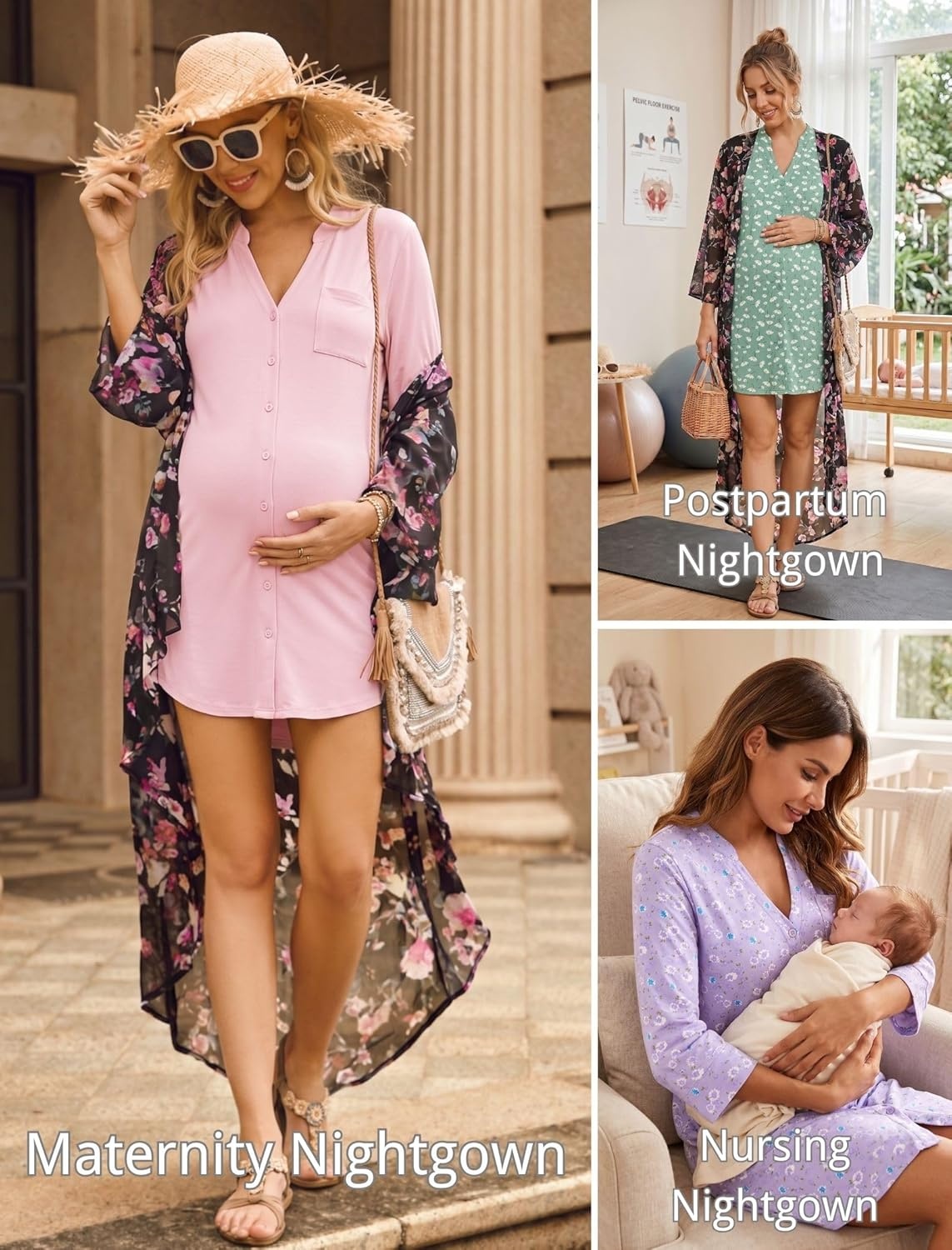 imageEkouaer Womens Nightgown V Neck Striped Button Down Sleepwear 34 Sleeves Nightshirts Soft Button Sleep Dress SXXLBlue Floral