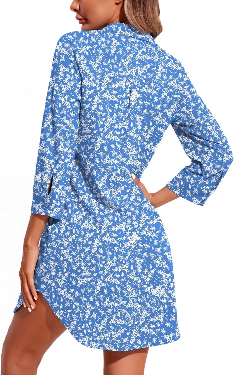 imageEkouaer Womens Nightgown V Neck Striped Button Down Sleepwear 34 Sleeves Nightshirts Soft Button Sleep Dress SXXLBlue Floral