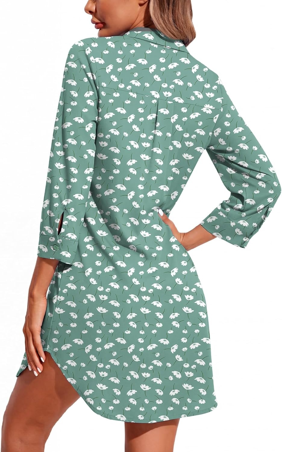imageEkouaer Womens Nightgown V Neck Striped Button Down Sleepwear 34 Sleeves Nightshirts Soft Button Sleep Dress SXXLGreen Floral