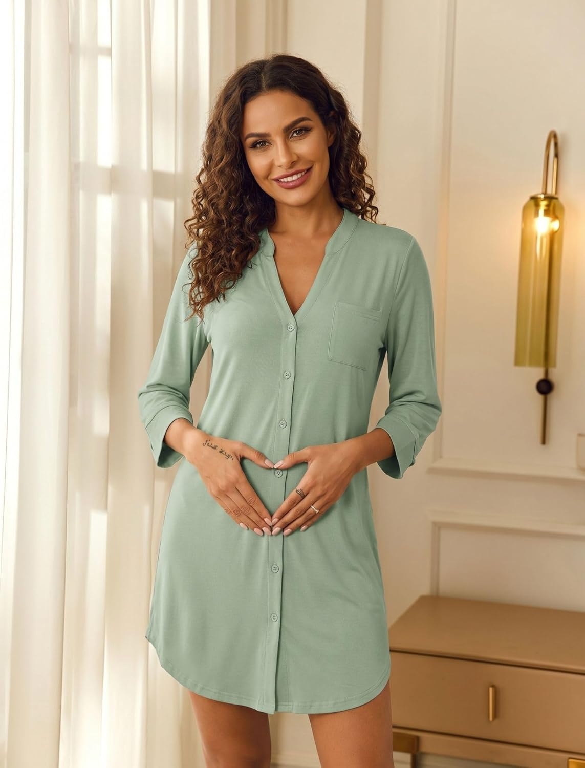imageEkouaer Womens Nightgown V Neck Striped Button Down Sleepwear 34 Sleeves Nightshirts Soft Button Sleep Dress SXXLLight Green