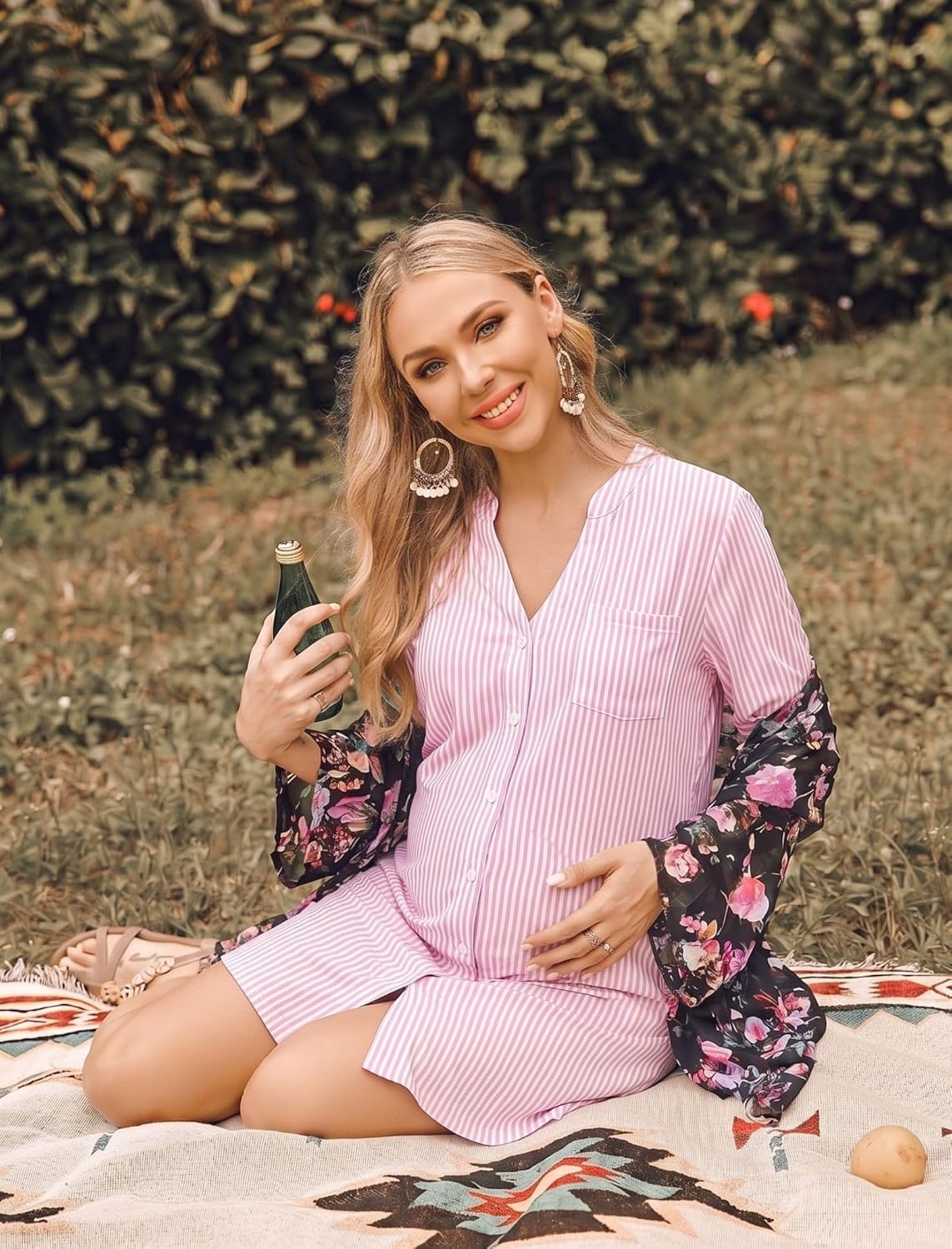 imageEkouaer Womens Nightgown V Neck Striped Button Down Sleepwear 34 Sleeves Nightshirts Soft Button Sleep Dress SXXLPink Stripe