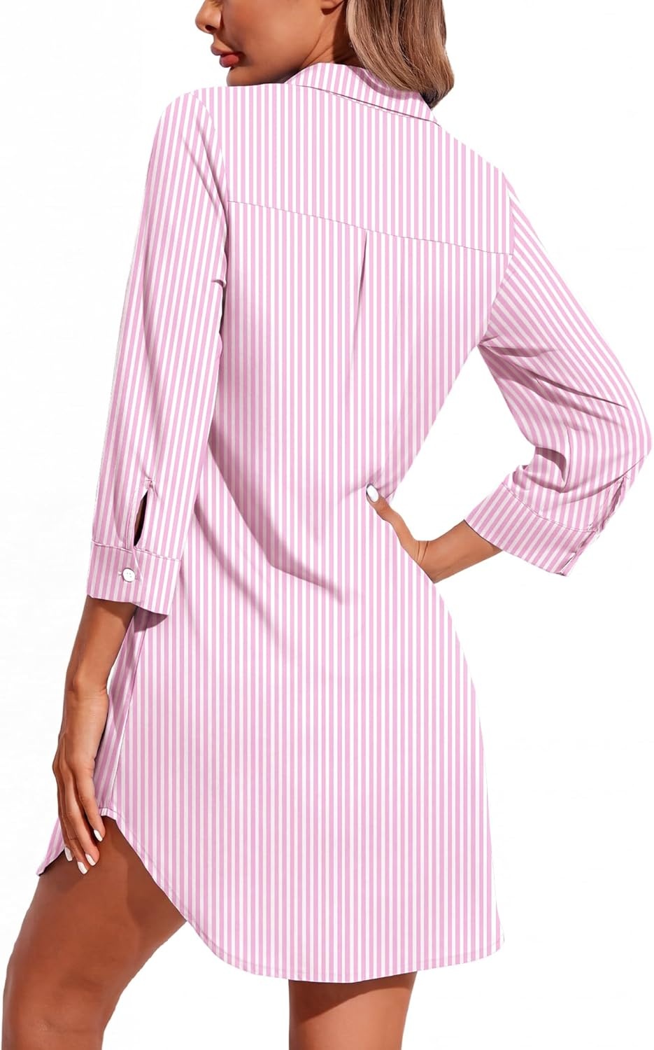 imageEkouaer Womens Nightgown V Neck Striped Button Down Sleepwear 34 Sleeves Nightshirts Soft Button Sleep Dress SXXLPink Stripe