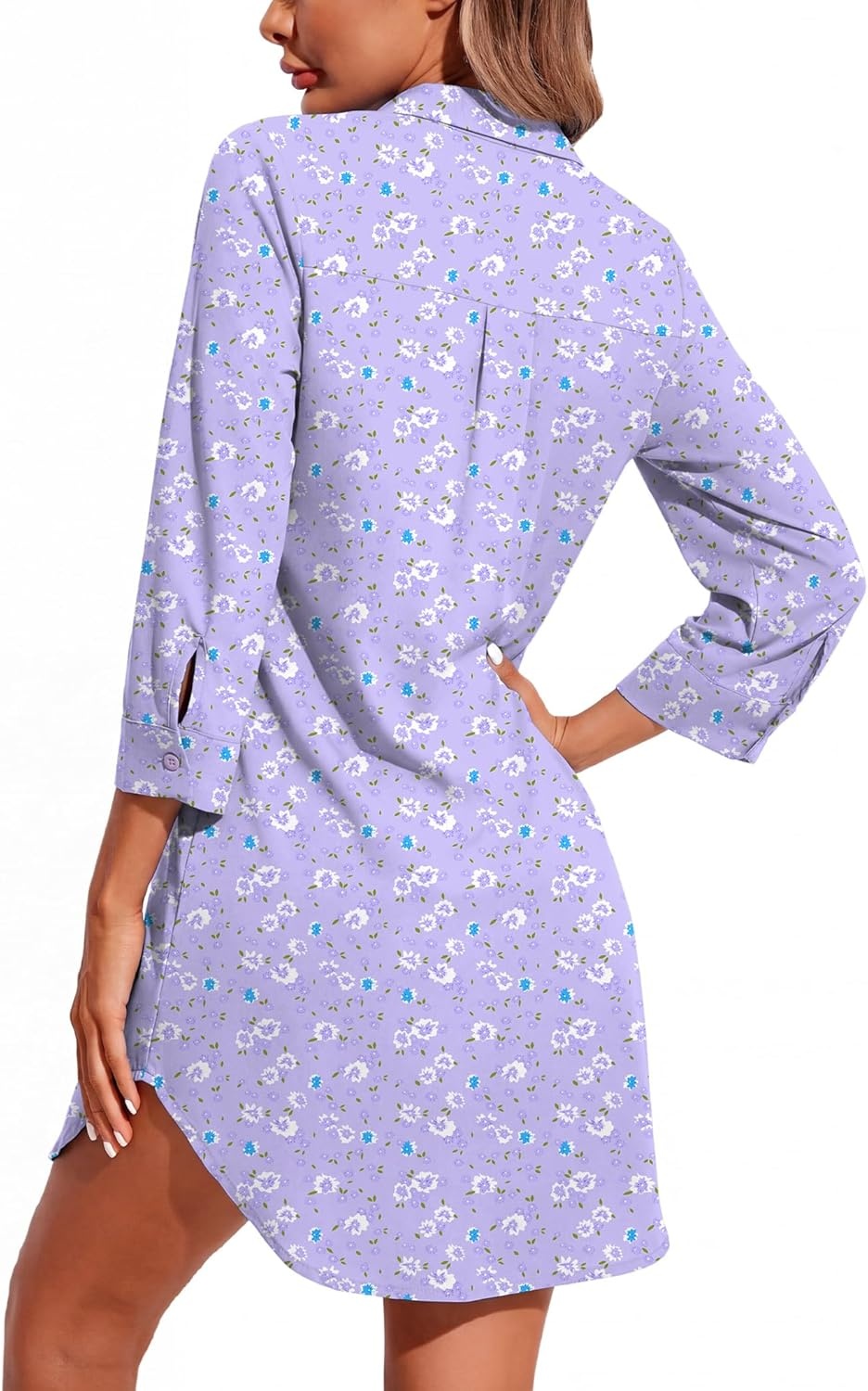 imageEkouaer Womens Nightgown V Neck Striped Button Down Sleepwear 34 Sleeves Nightshirts Soft Button Sleep Dress SXXLPurple Floral