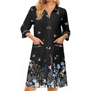 Ekouaer Zipper Robes for Women 3/4 Sleeve Housecoats Knee Length Bathrobe Lightweight Nightgown with Pockets S-3XL(Butterfly Flowers-1)