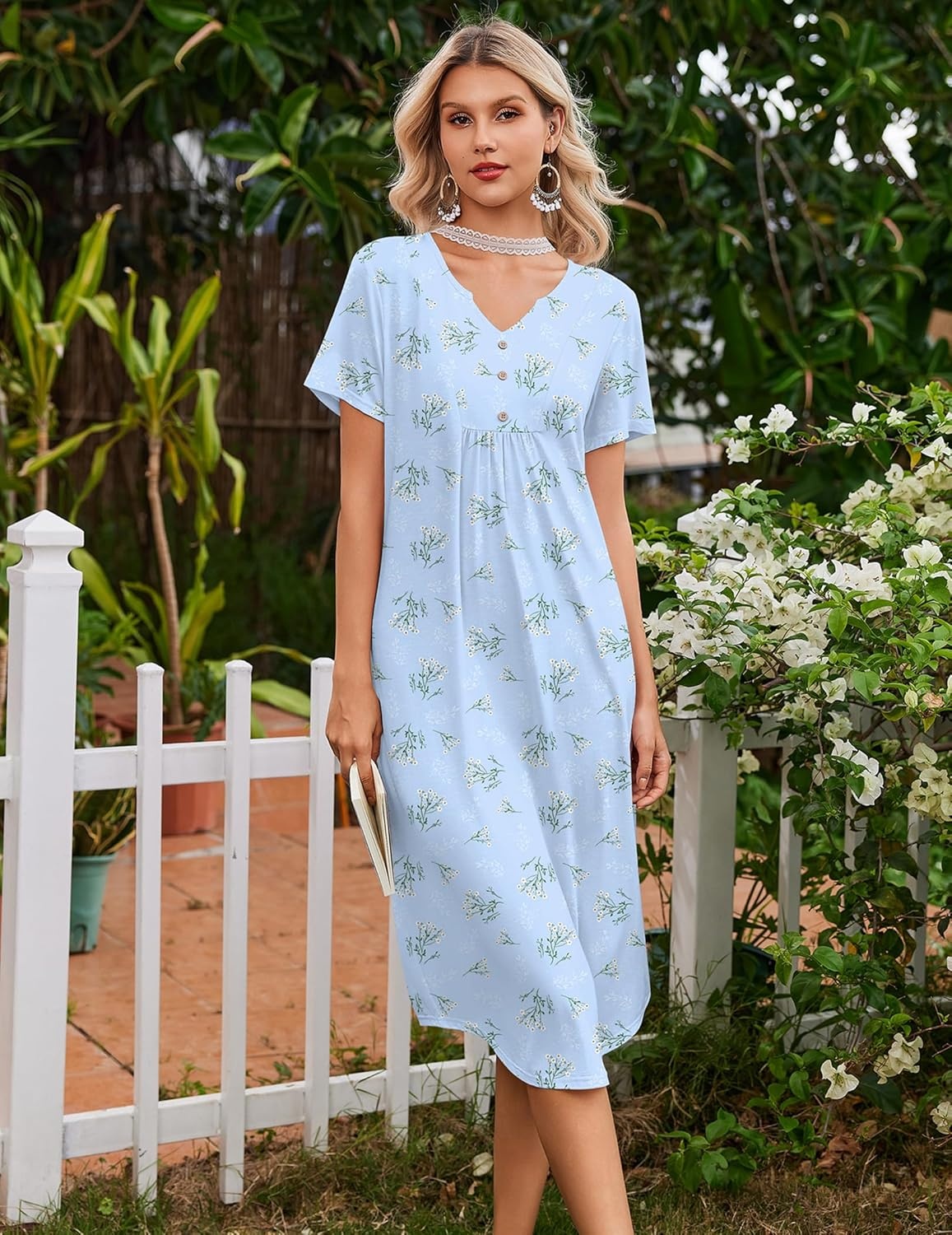 imageEkouaer Nightgowns for Women Bamboo Viscose Long Night Gown Short Sleeve Moo Moos V Neck Sleep Shirts Pleated House DressBlue Floral