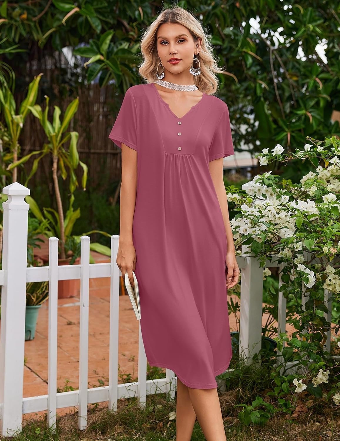 imageEkouaer Nightgowns for Women Bamboo Viscose Long Night Gown Short Sleeve Moo Moos V Neck Sleep Shirts Pleated House DressDark Pink