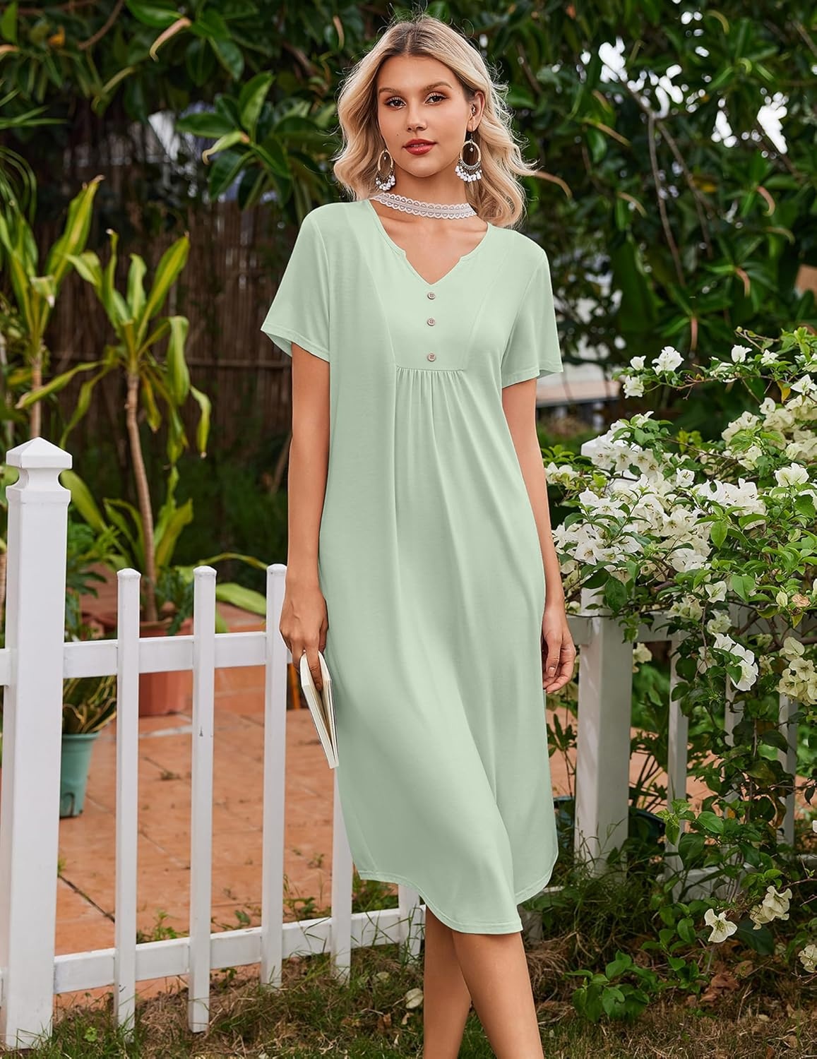 imageEkouaer Nightgowns for Women Bamboo Viscose Long Night Gown Short Sleeve Moo Moos V Neck Sleep Shirts Pleated House DressLight Green