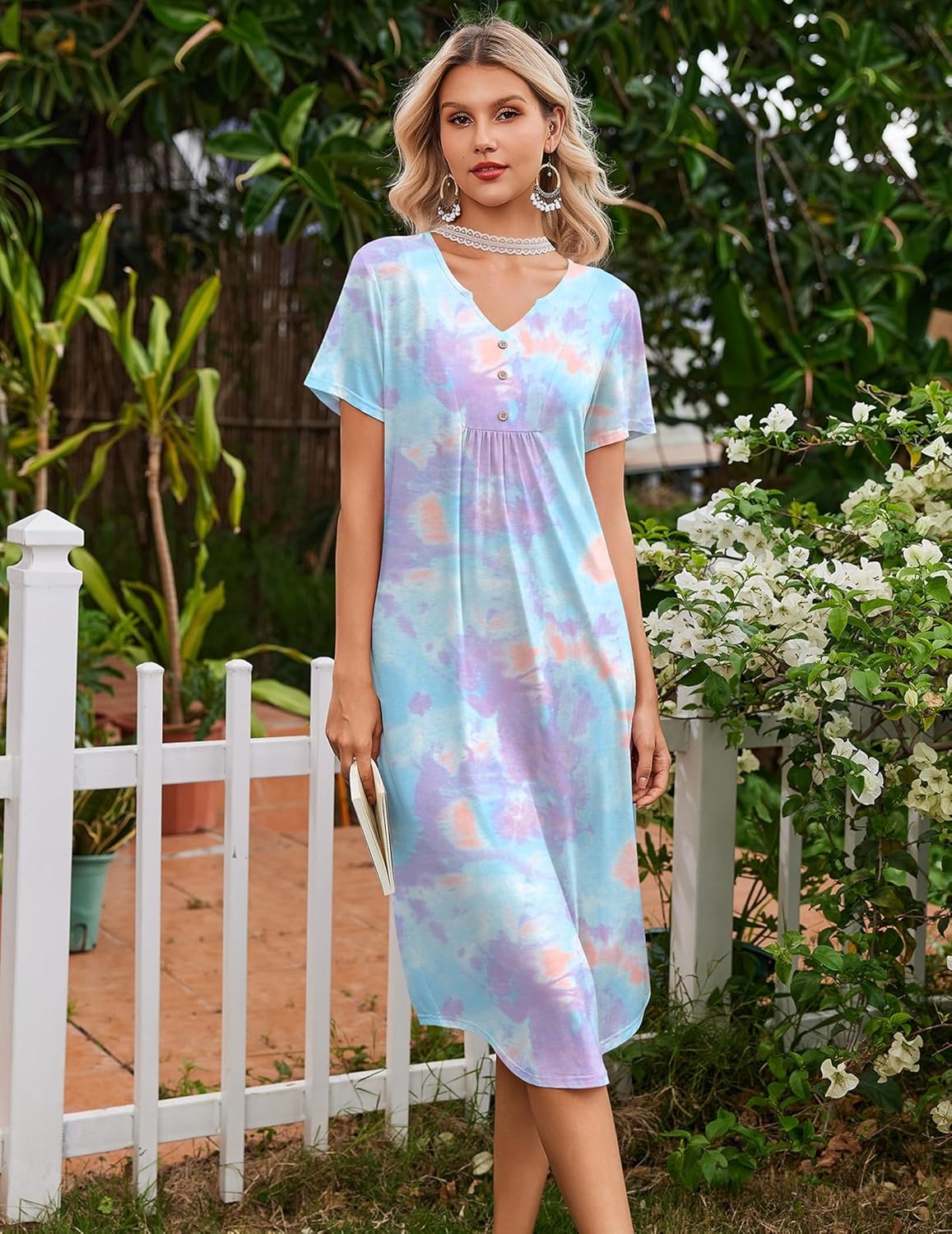 imageEkouaer Nightgowns for Women Bamboo Viscose Long Night Gown Short Sleeve Moo Moos V Neck Sleep Shirts Pleated House DressTie Dye Blue