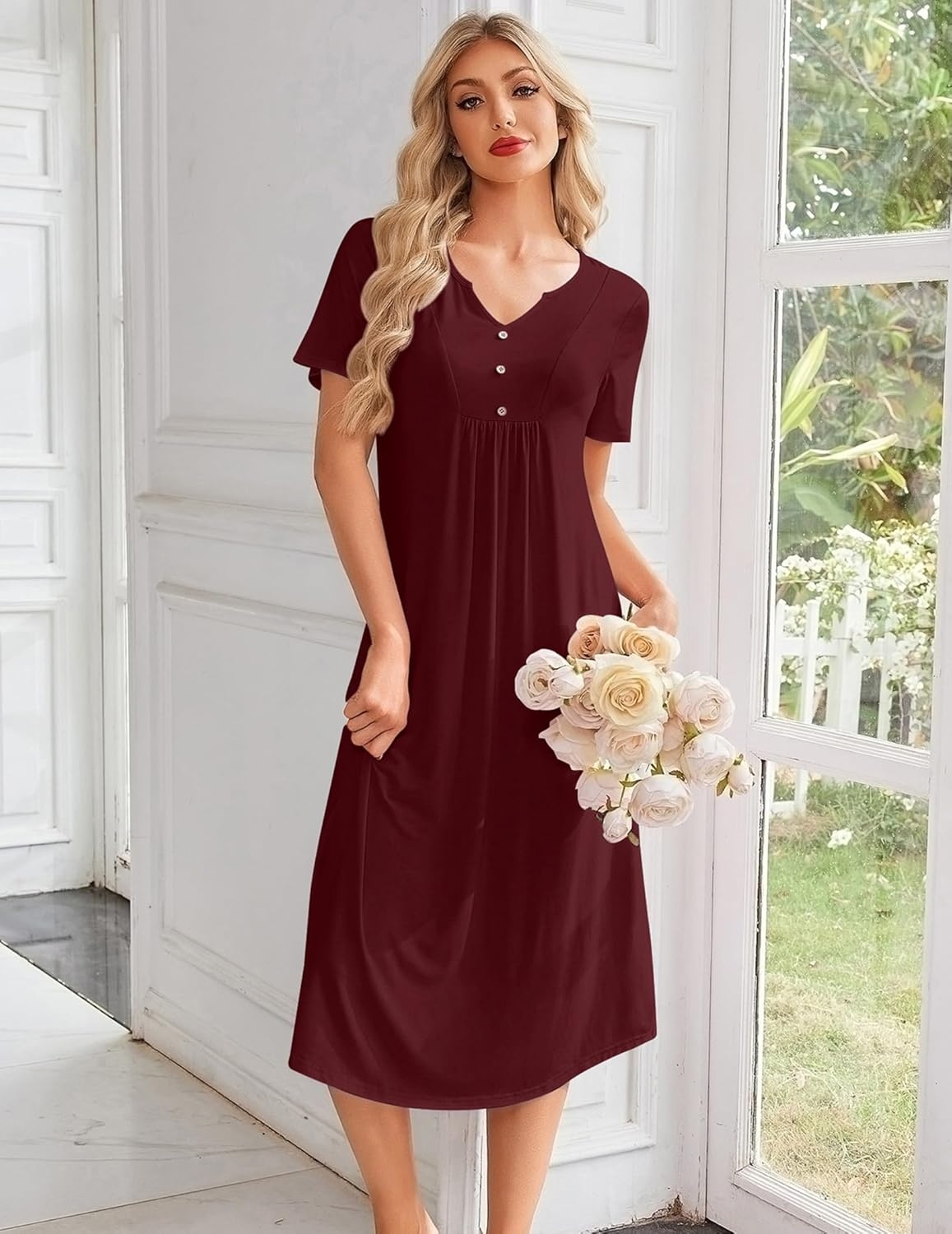 imageEkouaer Nightgowns for Women Bamboo Viscose Long Night Gown Short Sleeve Moo Moos V Neck Sleep Shirts Pleated House DressWine Red