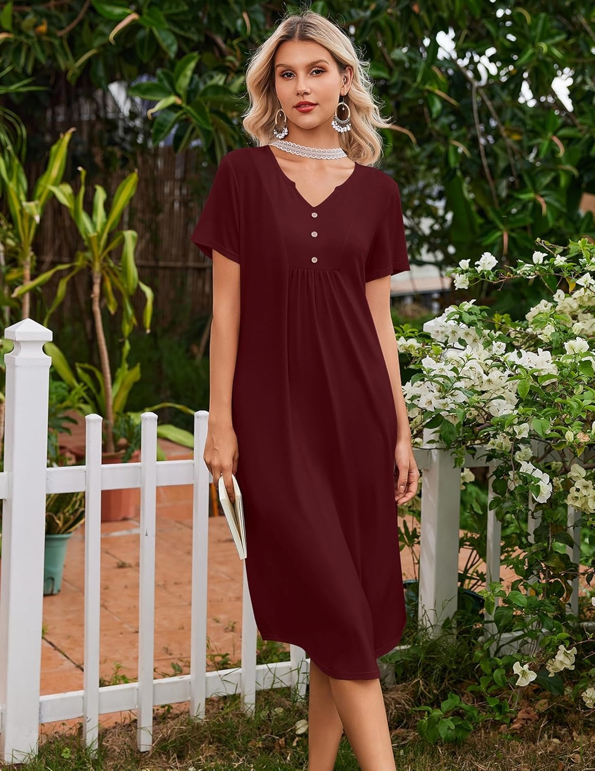 imageEkouaer Nightgowns for Women Bamboo Viscose Long Night Gown Short Sleeve Moo Moos V Neck Sleep Shirts Pleated House DressWine Red