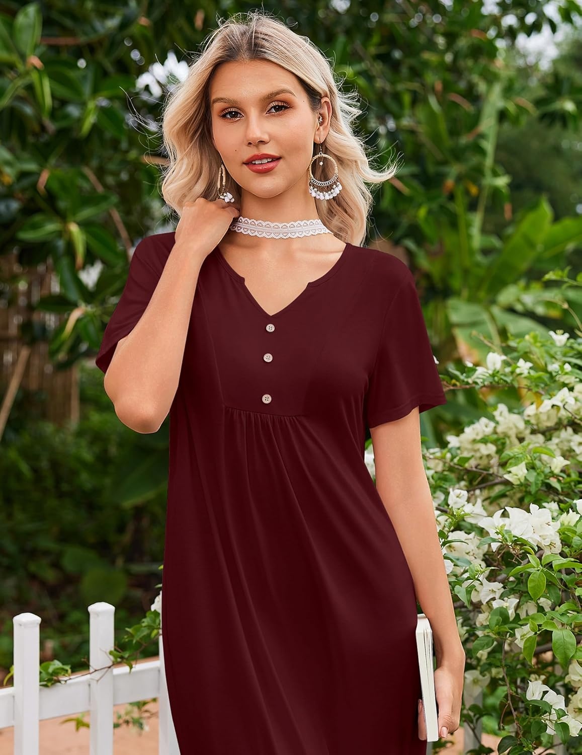 imageEkouaer Nightgowns for Women Bamboo Viscose Long Night Gown Short Sleeve Moo Moos V Neck Sleep Shirts Pleated House DressWine Red