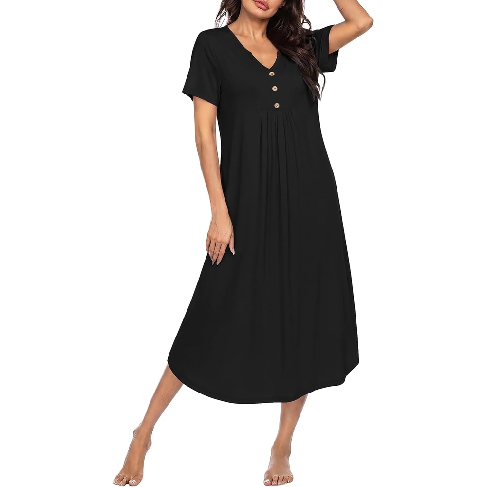 imageEkouaer Nightgowns for Women Bamboo Viscose Long Night Gown Short Sleeve Moo Moos V Neck Sleep Shirts Pleated House DressBlack