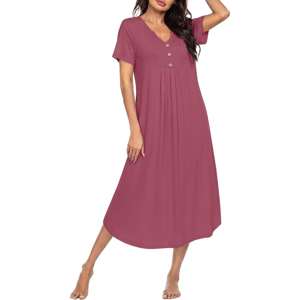 imageEkouaer Nightgowns for Women Bamboo Viscose Long Night Gown Short Sleeve Moo Moos V Neck Sleep Shirts Pleated House DressDark Pink