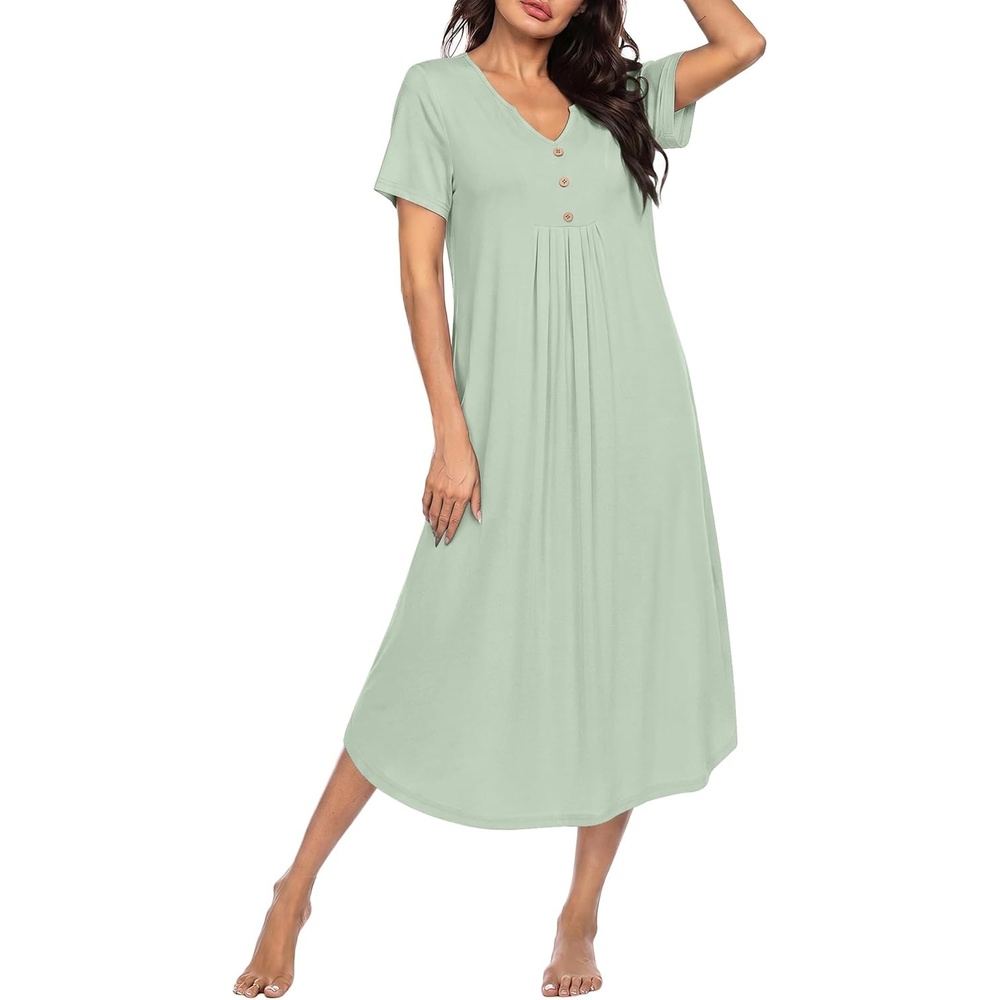 imageEkouaer Nightgowns for Women Bamboo Viscose Long Night Gown Short Sleeve Moo Moos V Neck Sleep Shirts Pleated House DressLight Green