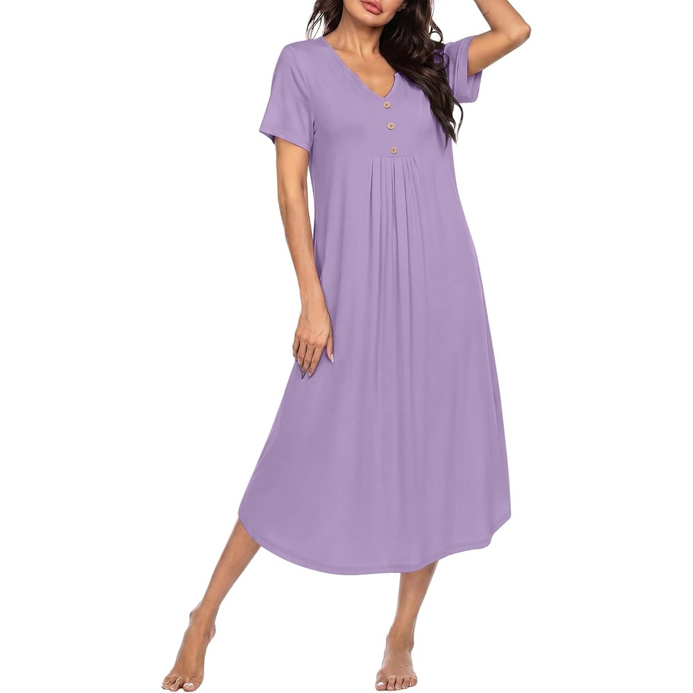 imageEkouaer Nightgowns for Women Bamboo Viscose Long Night Gown Short Sleeve Moo Moos V Neck Sleep Shirts Pleated House DressLilac