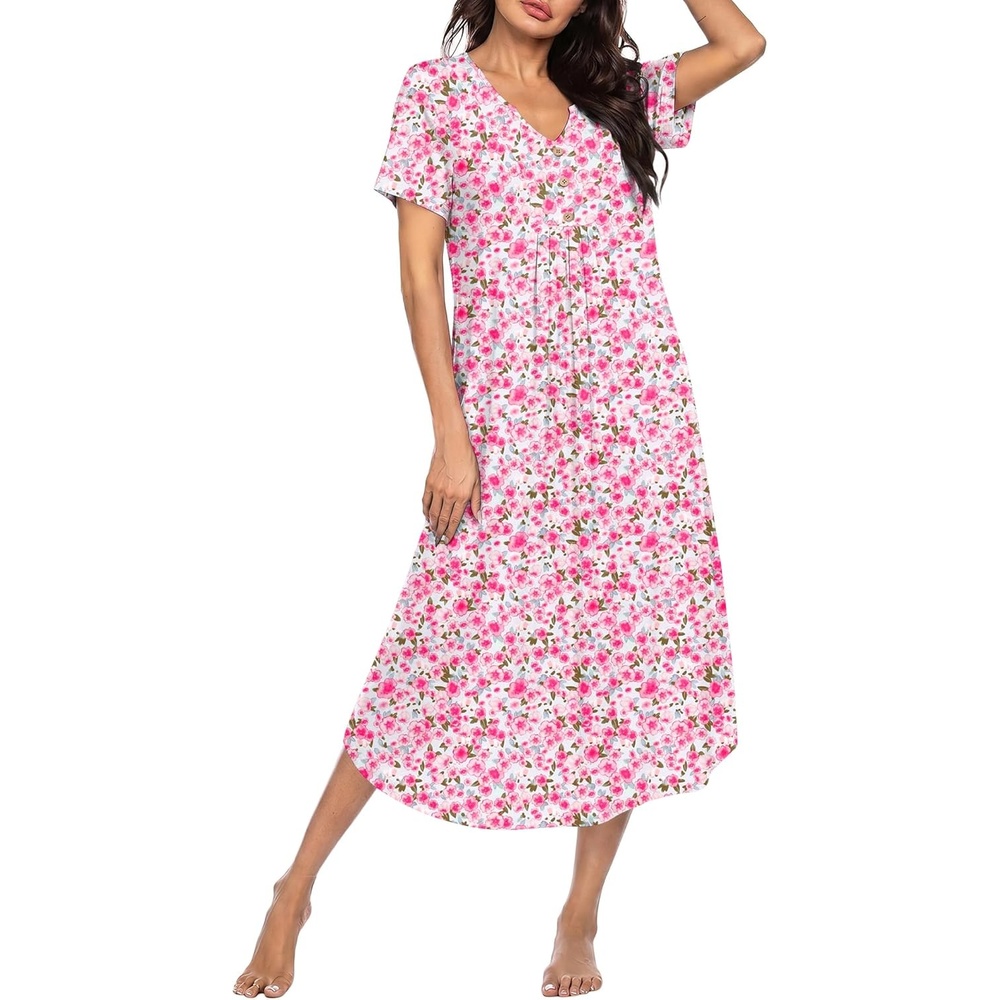 imageEkouaer Nightgowns for Women Bamboo Viscose Long Night Gown Short Sleeve Moo Moos V Neck Sleep Shirts Pleated House DressPink Floral