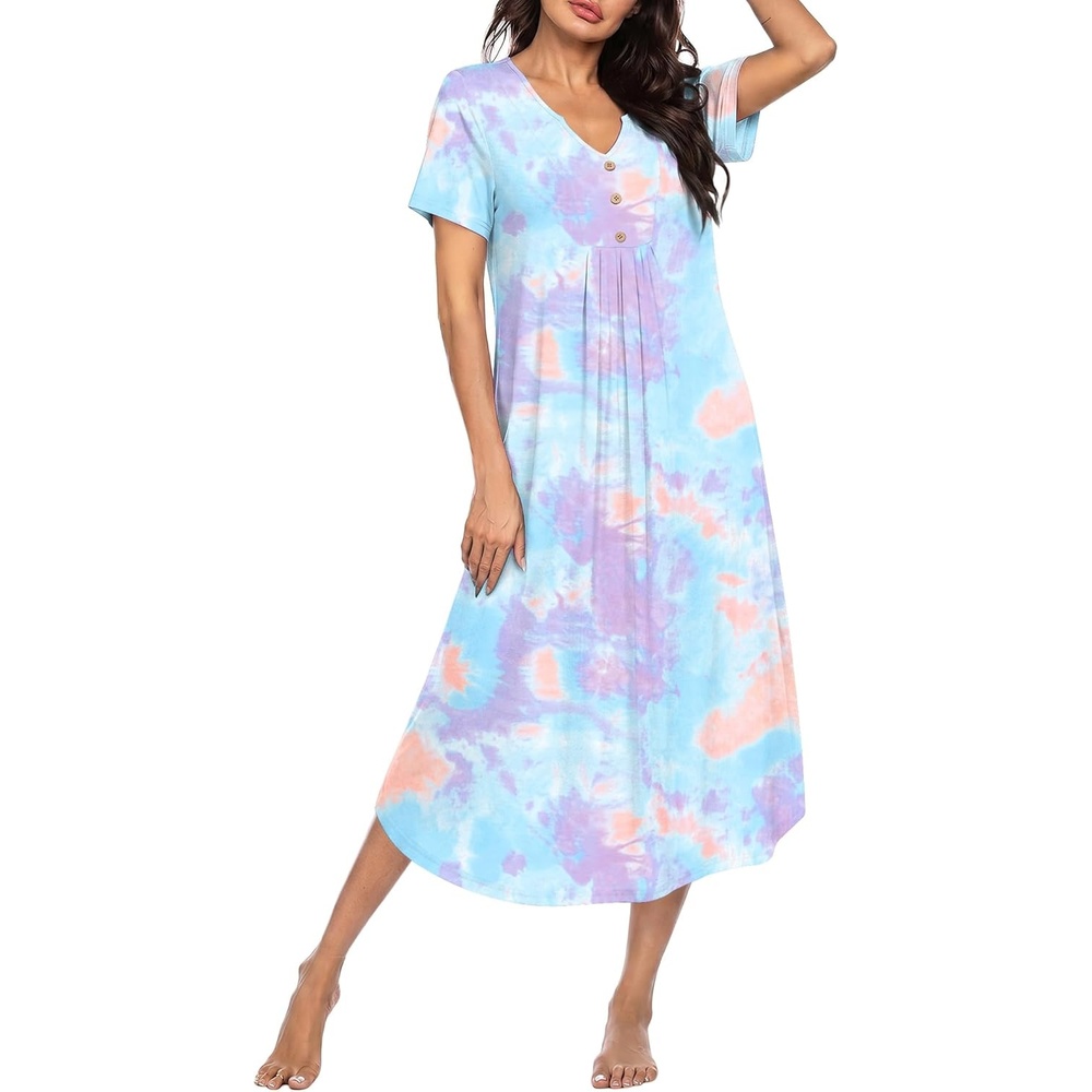 imageEkouaer Nightgowns for Women Bamboo Viscose Long Night Gown Short Sleeve Moo Moos V Neck Sleep Shirts Pleated House DressTie Dye Blue