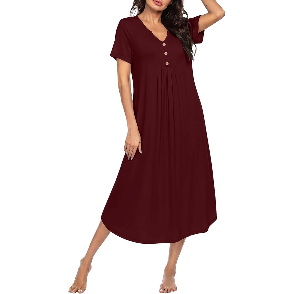 imageEkouaer Nightgowns for Women Bamboo Viscose Long Night Gown Short Sleeve Moo Moos V Neck Sleep Shirts Pleated House DressWine Red