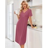 Ekouaer Nightgowns for Women Bamboo Viscose Long Night Gown Short Sleeve Moo Moos V Neck Sleep Shirts Pleated House Dress(Dark Pink)