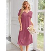 Ekouaer Nightgowns for Women Bamboo Viscose Long Night Gown Short Sleeve Moo Moos V Neck Sleep Shirts Pleated House Dress(Dark Pink)